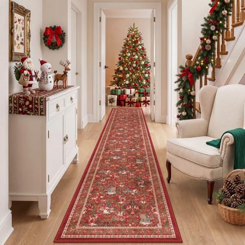 2x10 Christmas Runner Rug for Hallway,Washable Kitchen Rugs,Red - Image 3