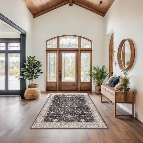 Black Modern Farmhouse 5x8 Area Rug for Living Room, Boho Large Entryway Rug, Dark Floor Carpet for Kitchen Under Small Dining Table, Bedroom - Washable Low Pile Waterproof Non Slip & Stain Resistance - Image 3