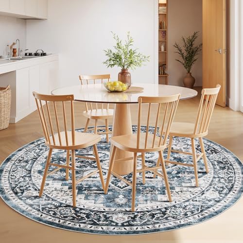 Amada Round 5x5 Washable Area Rug for Living Room, Blue, Vintage Style - Image 3