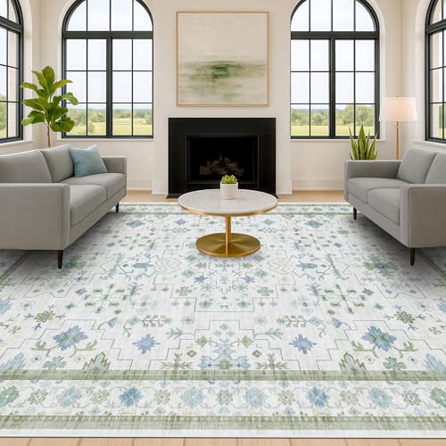 Green Area Rugs 9x12 Living Room - Washable Oriental Geometric, Extra Large for Bedroom Non Slip Soft Faux Wool Carpet for Dining Room Playroom, Lounge - Blue and Green Floral Rug by HazoHaus