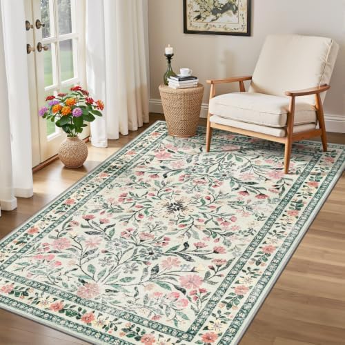 PLHXFR Area Rug Living Room: 3x5 Floral Washable Boho Carpet Green Beige - Image 4