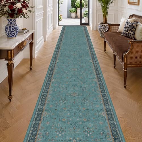 Hazo Haus Boho 3x20 Extra Long Hallway Runner Rug - Non Slip Waterproof Kitchen Floor Mat - Modern Teal Green Eclectic Floral Design Décor by HazoHaus