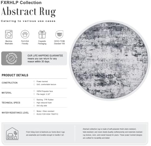 Round Area Rug Living Room: 5 ft Modern Washable Carpet Grey - Image 2