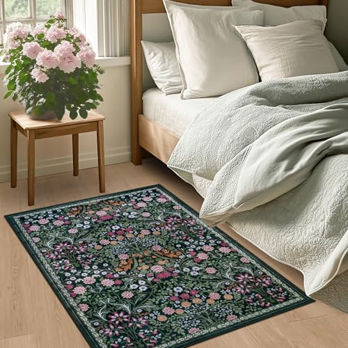 PLHXFR 2x3 Small Entryway Rug: Floral Washable Indoor Carpet Dark Green - Image 3