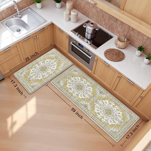 Boho Kitchen Mats for Floor 2PC Anti Fatigue Kitchen Rugs, Yellow - Image 2