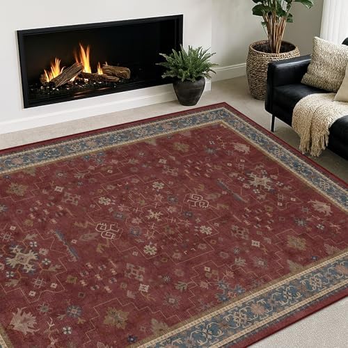 5x8 Boho Dark Red Rug for Living Room - Vintage Oriental Revival Low-Pile Carpet for Bedroom, Dining Table, Machine Washable Area Rug Non-Slip with Rubber Back by HazoHaus
