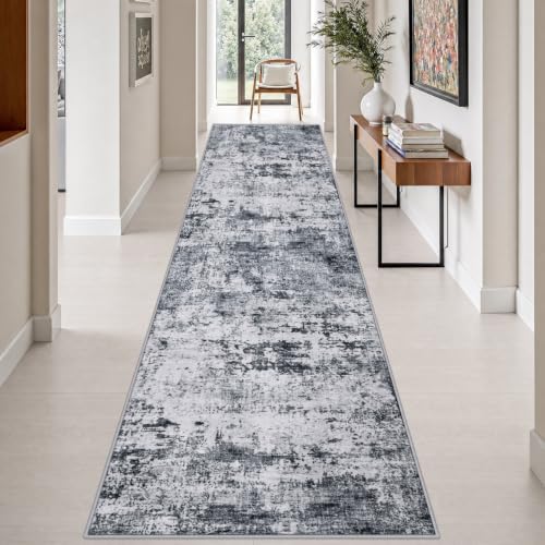 3x14 Washable Runner Rug：Modern Abstract Kitchen Soft Carpet Grey by FXRHLP