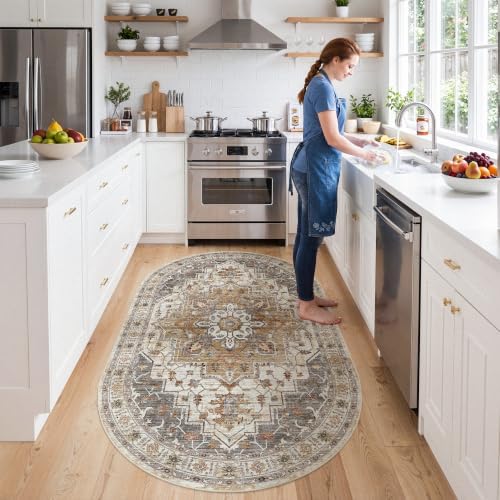 Madane Washable Oval Rug 3x5 for Entryway Small Area Rugs, Turmeric/Grey - Image 3