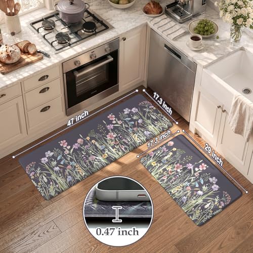 KIMODE Anti Fatigue Kitchen Mat, Farmhouse Floral Kitchen Rugs Grey Purple - Image 3