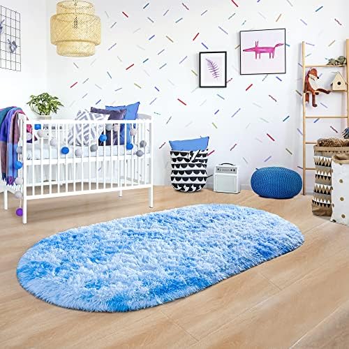 Noahas Oval Fluffy Blue Rainbow Rug 2.6X5.3 Small Kids Rugs for Bedroom Girls And Boys Aesthetic,Bedside Bedroom Rug,Ultra Soft Runner Carpet Modern Shaggy Nursery Area Rugs Home D飯r - Image 6