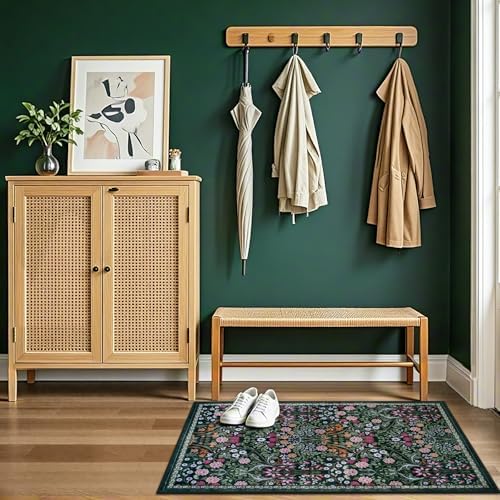 PLHXFR 2x3 Small Entryway Rug: Floral Washable Indoor Carpet Dark Green - Image 5