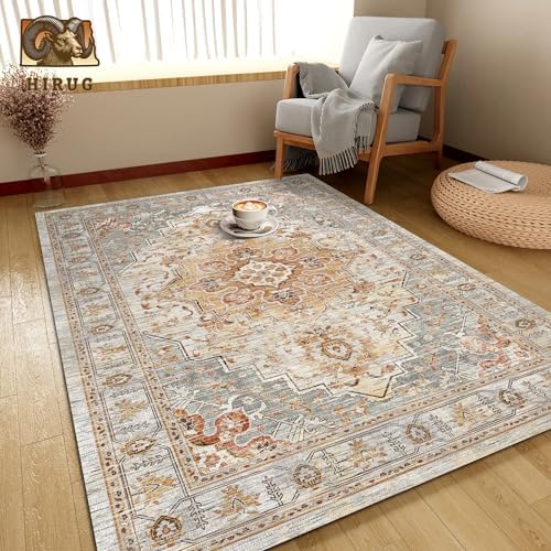Washable Area Rug 9' x 12' Vintage Traditional Persian Mat - Foldable Distressed Non-Slip Machine Washable Carpet for Living Room Bedroom Kitchen Home Decor - Dove Gray and Coral - Image 4