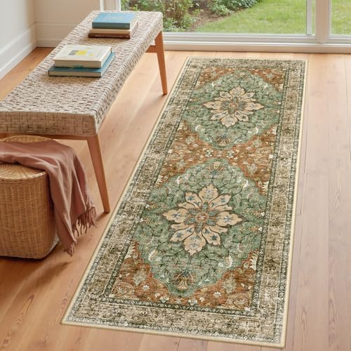 RELEANY Washable Area Rug, Runner 3'x7', Brick/Brown/Green - Image 3