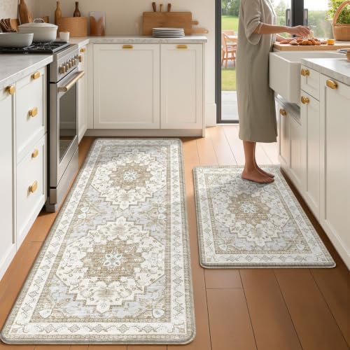 Boho Kitchen Mats for Floor 2PC Anti Fatigue Kitchen Rugs, Beige Tan by tubeamin