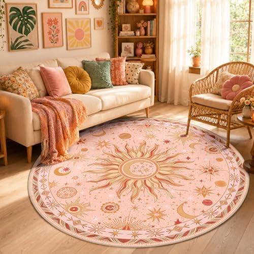 Vacuum-Friendly, Round 6ft Washable Area Rug, Pink Gold Beige Red by meejou
