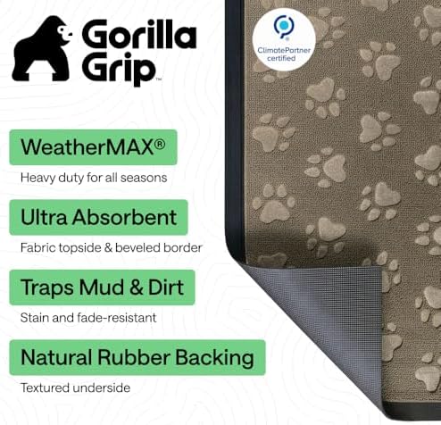GORILLA GRIP WeatherMAX Door Mat, Indoor Outdoor Use, 29x17, Beige Paw - Image 2