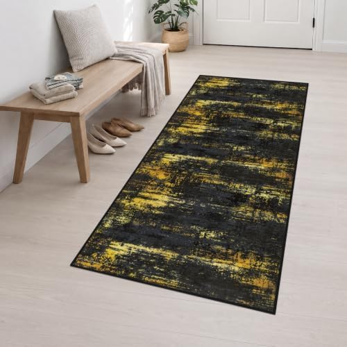3x8 Washable Runner Rug：Modern Abstract Soft Carpet Black Gold - Image 3
