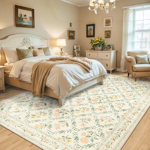 PLHXFR Area Rug 10x14 Living Room: Floral Washable Boho Carpet Beige Multi - Image 3
