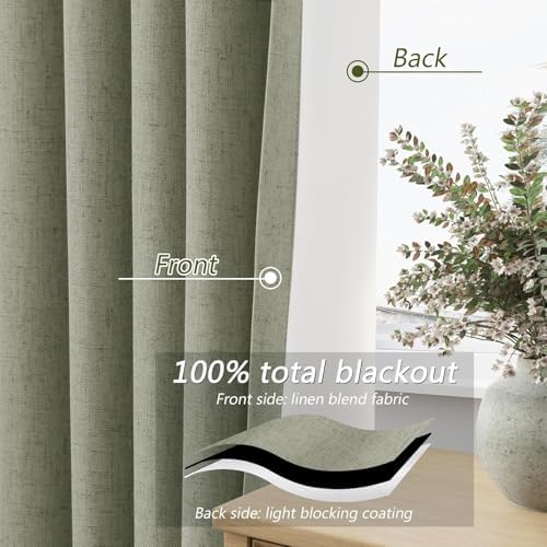 Guken Extra Long 100% Blackout Sage Green Linen Curtains 105 Inches - Image 4