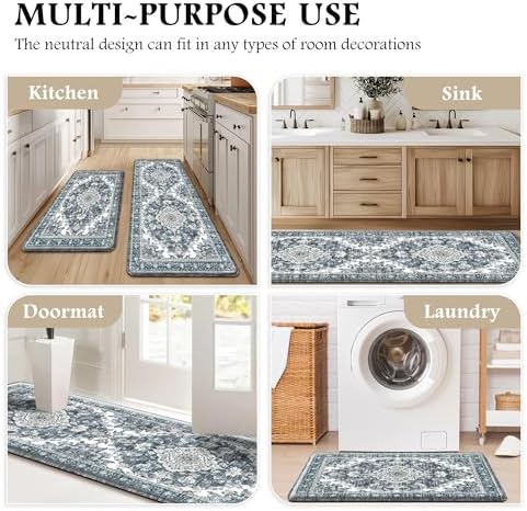 Boho Kitchen Mats for Floor 2PC Anti Fatigue Kitchen Rugs, Dark Blue - Image 6