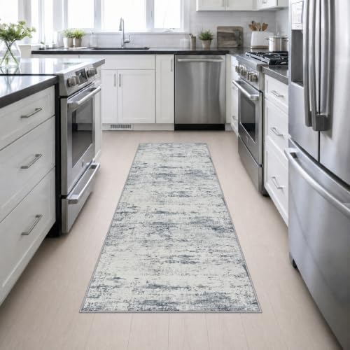 2.6x8 Washable Runner Rug：Modern Abstract Soft Carpet Blue Grey - Image 4