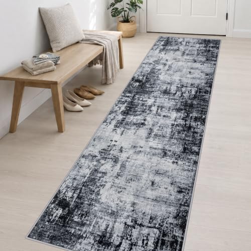 2.6x14 Washable Runner Rug:Modern Abstract Soft Carpet Dark Black - Image 3
