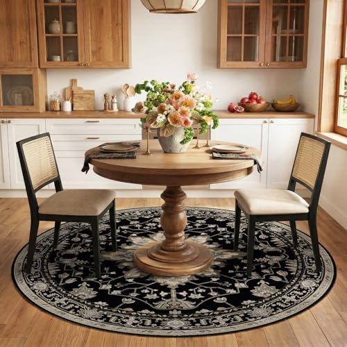 RELEANY Washable Area Rug, Round 6ft, Black/Neutral - Image 3