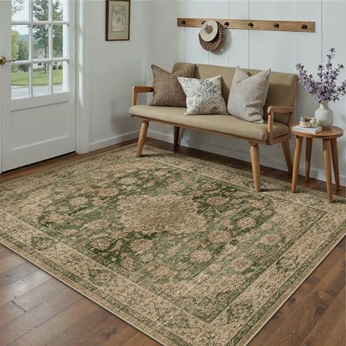 HUGEAR 5x7 Green Retro Floral Washable Area Rug for Living Room by HUGEAR