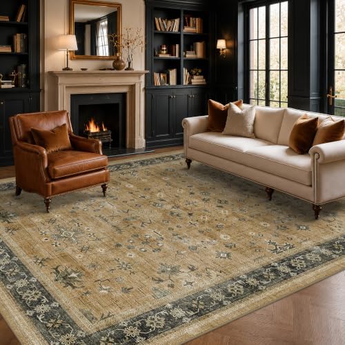Vintage 6x9 Rug for Living Room - Washable Dining Room Rugs for Under Table, Low Pile Non-Slip Carpet for Bedroom - Boho Rustic Brown and Charcoal Olive Eclectic Home Decor by HazoHaus