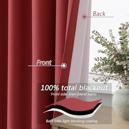 Guken Red 100% Blackout Linen Curtains 84 Inch Length 2 Panels Set for Living Room Bedroom Back Tab/Rod Pocket Thermal Insulated Black Out Drapes Room Darkening Window Curtains 84 Inches Long - Image 3
