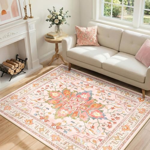 RELEANY Washable Area Rug, 4'x5', Pink/Light Pink/Colorful by RELEANY