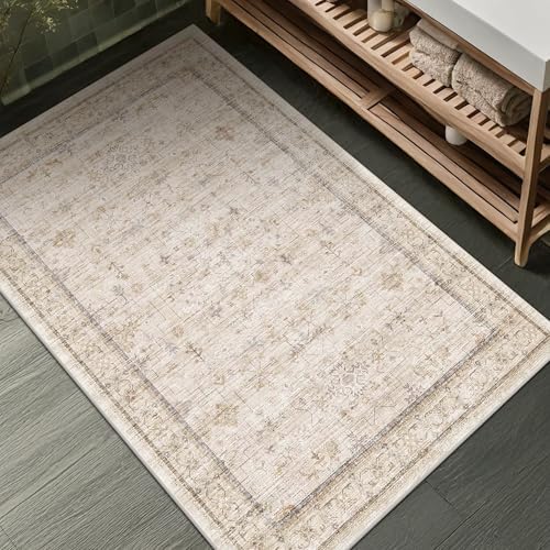 Farmhouse Bathroom Rug 2x3 Beige, Machine Washable Small Non Slip Indoor Entryway Area Rug, Low Pile Thin Neutral Vintage Design for Bedside, Kitchen by HazoHaus