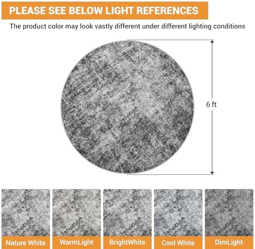 Aelenmu Round Rug 6ft Washable Rug for Dining Room Living Room Black Grey - Image 2