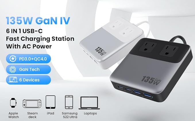 135W Charging Station USB C Power Strip,6-in-1 GaN USB C Charger Block with Plug &5ft Cord,2 AC,2 USB-A,2 USB-C,PD 65W Laptop Charger for MacBook,iPhone 16/15/14,Desktop Fast Charging for Home,Office