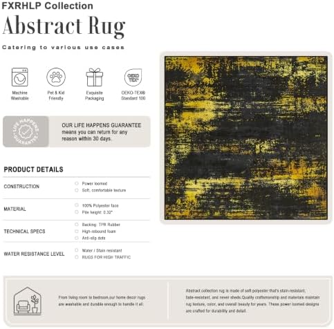 Area Rug Living Room: 5x5 Modern Washable Soft Carpet Black Gold - Image 2