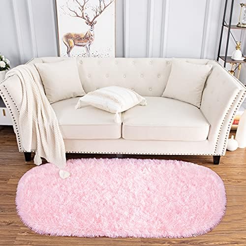 2x5 Pink Fluffy Soft Oval Rug Non-Slip for Kids Bedroom Nursery Playroom - Image 2