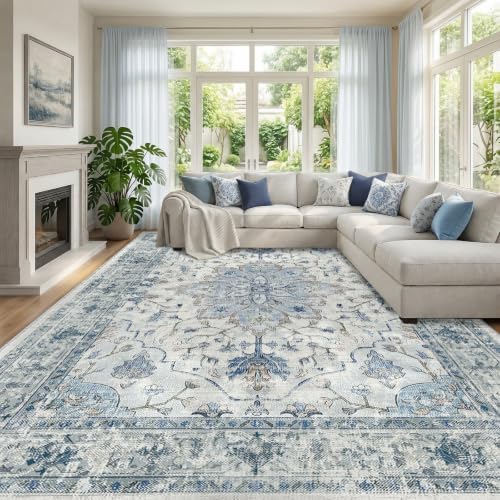 RELEANY Washable Area Rug, Large 9'x12', Blue/White/Gray by RELEANY