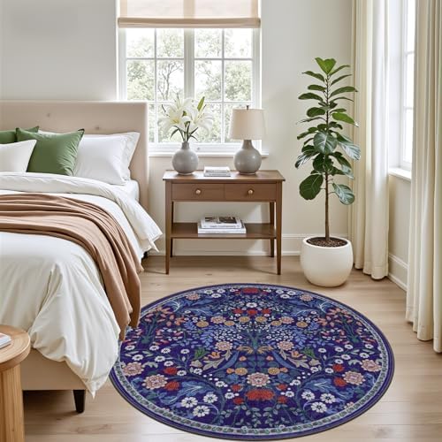 PLHXFR Round Area Rug Living Room: 4 ft Floral Washable Soft Carpet Blue - Image 3