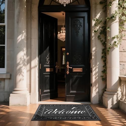 Yimobra Welcome Mat, Heavy Duty Sturdy Door Mats for Home Entrance Outdoor Indoor, Front Doormat for Outside Patio Floor Entry Porch Garage Office, Waterproof, Low Profile, 47X32 Inches, Black - Image 2
