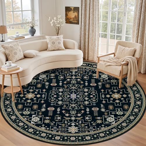 Round Area Rug for Living Room: 4ft Washable Rug for Bedroom Black by EXPEDIX