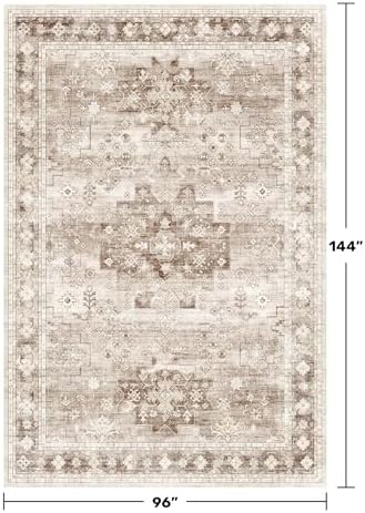 Beige Boho Rug for Living Room 8x12 - Washable Dining Room Rugs for Under Table, Vintage Low Pile Carpet for Bedroom, Non-Slip Farmhouse Large Thin Carpet for High Traffic Area (8x12 Beige/Latte) - Image 2