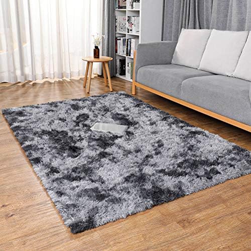 Ophanie Soft Fluffy Shaggy Rugs for Bedroom Living Room Dorm Nursery Home Decor Aesthetic 4x6 Ft Tie-Dyed Black & Light Grey by Ophanie
