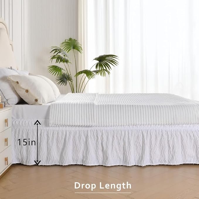 MIYE Wavy Tufted Bed Skirt - Wrap Around Dust Ruffle with Elastic Belts - 15 Inch Drop Easy to Put On - Bedskirt Machine Washable ＆ Wrinkle Resistant(Wavy/White, Full/Twin-15 Drop)