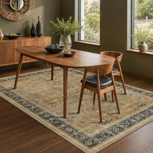 Traditional Washable 6x8 Area Rug for Living Room, Vintage Boho Dining Room Rugs for Under Table, Lightweight Foldable Low Pile Soft Carpet, Rustic Brown and Charcoal Olive Floral Design - Image 3