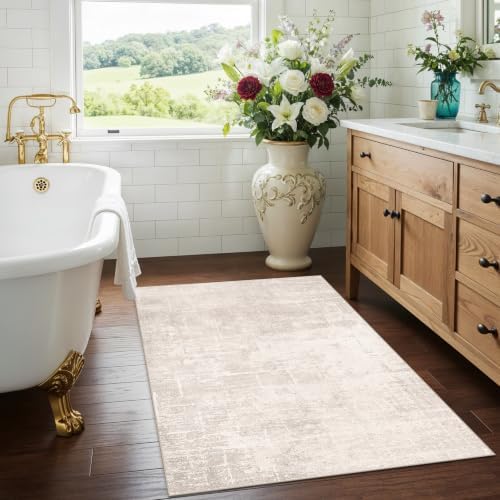 Washable 3x4 Kitchen Area Rugs: Abstract Stain-Resistant Sink Rug Non-Slip Durable Doormat Ultra Soft Bedroom Nursery Besides Carpets Indoor Water Resistant Bathroom Floor Mat(3x4,Beige/Cream) - Image 4