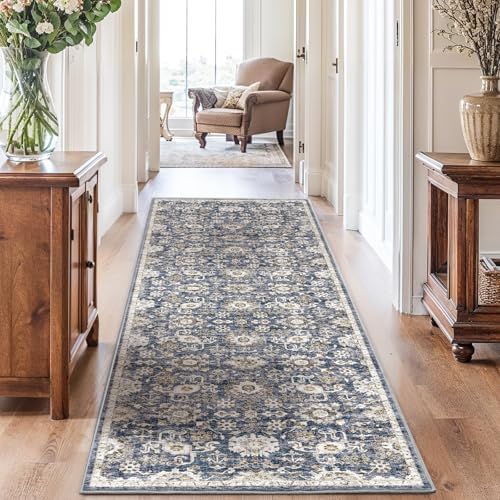 Amada 2'6"x10' Washable Runner Rug for Hallway, Blue/Brown, Vintage Style by AMADAHOMEFURNISHING