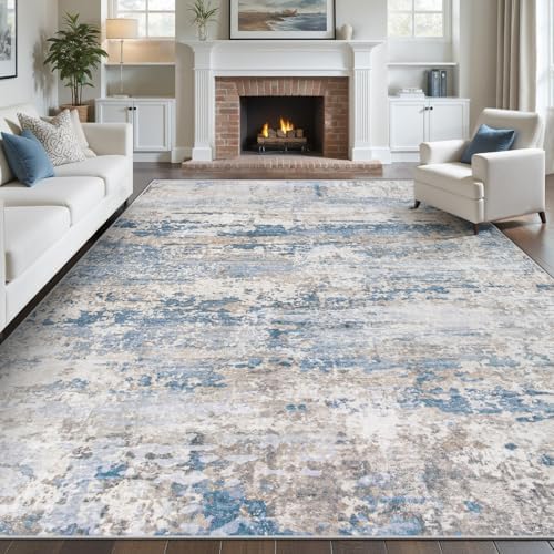 pmtsns Area Rugs 9x12 for Living Room: Washable Rug Modern Abstract Neutral Soft Non-Slip Low-Pile Indoor Large Carpet for Bedroom Dining Room Playroom Home Office (Light Blue Brown, 9'x12') by pmtsns