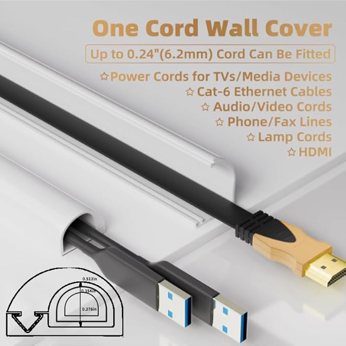 RPXRPXSide Open One Cord Cable Raceway Wire Cover for Cords, Our Cable Track is Best Suited for one Wire (Diameter <0.27"),Wire Raceway Management Cable Concealer Channel (White, 390in)