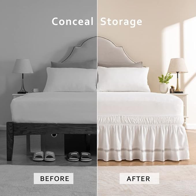 MIYE Wrap Around Ruffled Lace Bed Skirt, Elastic Dust Ruffle with Adjustable Belts, Easy to Put On, Bed Frame Cover, Machine Washable (Ruffled Lace/White, King/Queen-12.5" Drop)