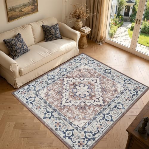 Lofus 4'x4' Square Washable Area Rug, Vintage Boho Floral Brown Carpet - Image 2